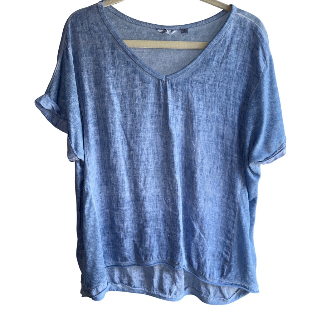 Kaktus Linen Blend Top Size XL Light Blue Rolled Hem‎ Boxy Lagenlook Comfort